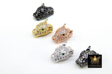 CZ Micro Pave Tiger Head Bead Charm, 4 Pc Leopard Head, Panther Cat Head Bead, Rose, Gold, Silver, Black  10 mm x 15 mm, Animal Head Bead - A Girls Gems